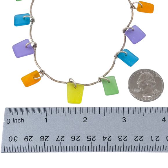 Colorful Glass Necklace | Sterling Silver 925 Tumbled Charm 15.5” - Picture 5 of 10